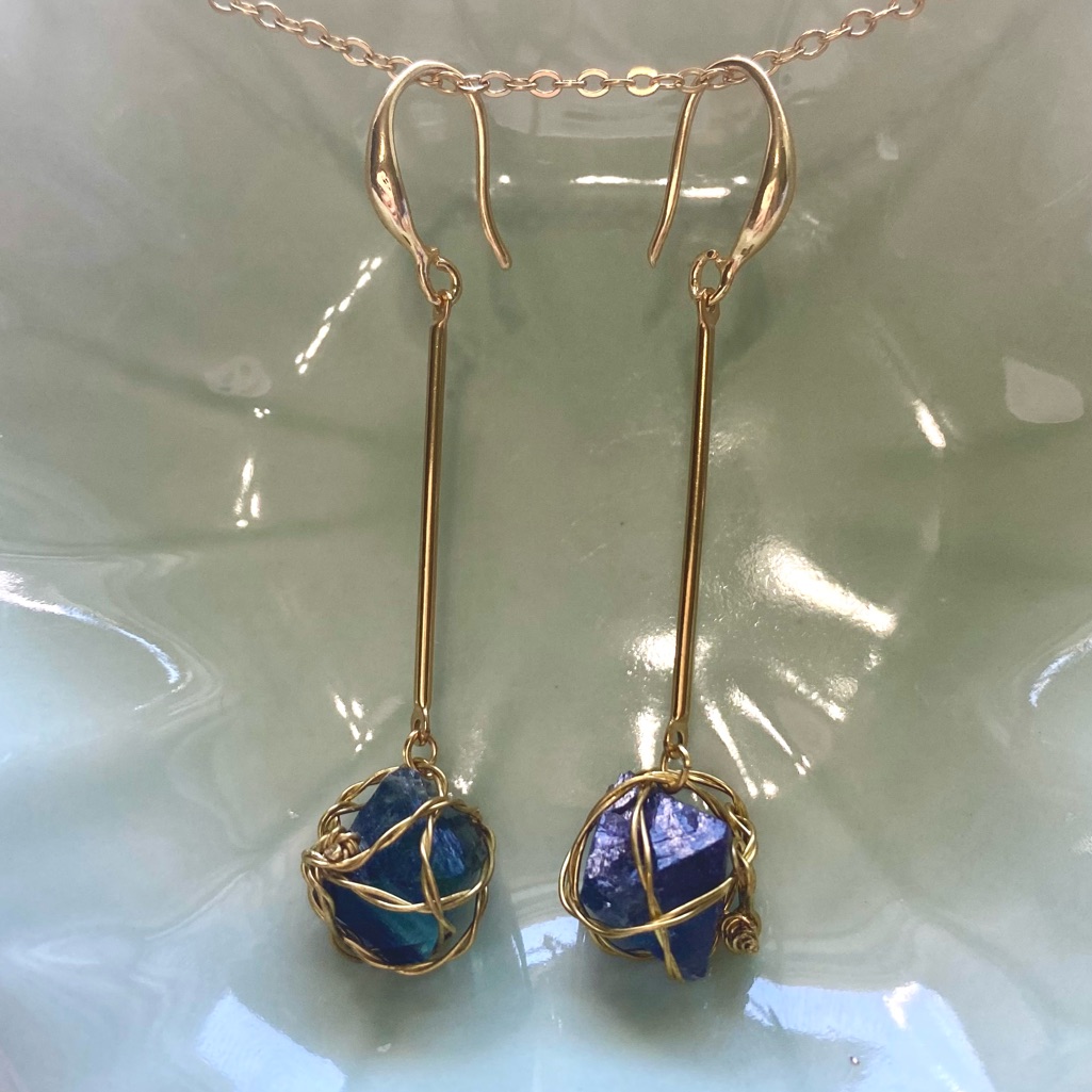 Gold And Blue Fluorite Octahedron Dangle Earrings E16